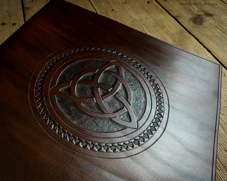 Leather 3 Ring Binder for 8.5 x 11 Inch Paper with Celtic Triquetra Trinity Knot Design Dark Brown image 2