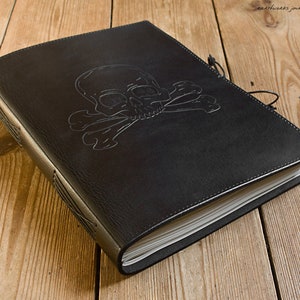A4, Large, Leather Bound Journal, Skull and Cross Bones, Pirate Journal, Black Leather, Ships Log, Nautical Leather Notebook, Personalized. image 2