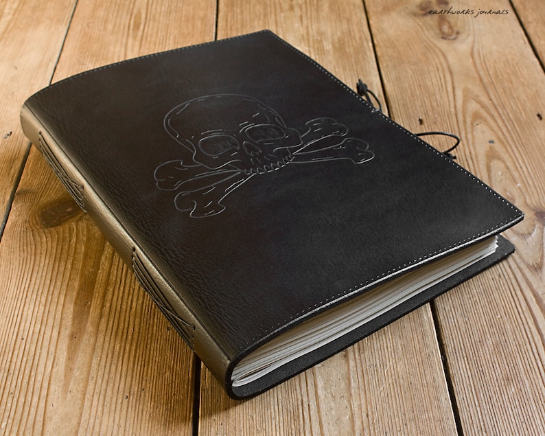 A4, Large, Leather Bound Journal, Skull and Cross Bones, Pirate Journal, Black Leather, Ships Log, Nautical Leather Notebook, Personalized. image 2