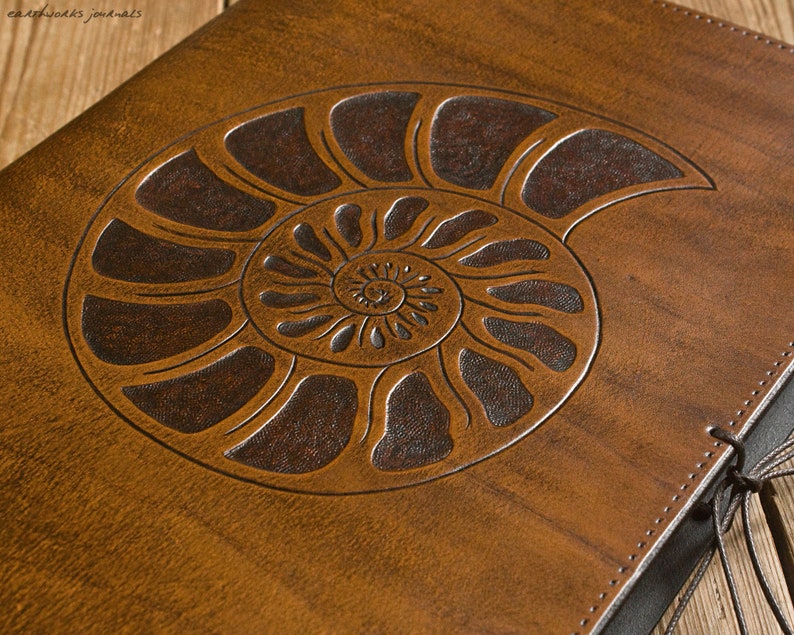 A4, Large, Leather Bound Journal, Ammonite, Sacred Geometry, Logarithmic Spiral, Brown Leather, Nature Book, Leather Diary, Personalized. image 3