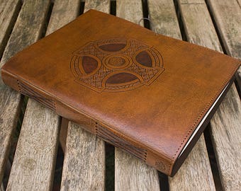 A4, Large, Leather Bound Journal, Celtic Cross, Celtic Knot, Brown Leather Notebook, Medieval Christian, LARP Book, Free Personalization.