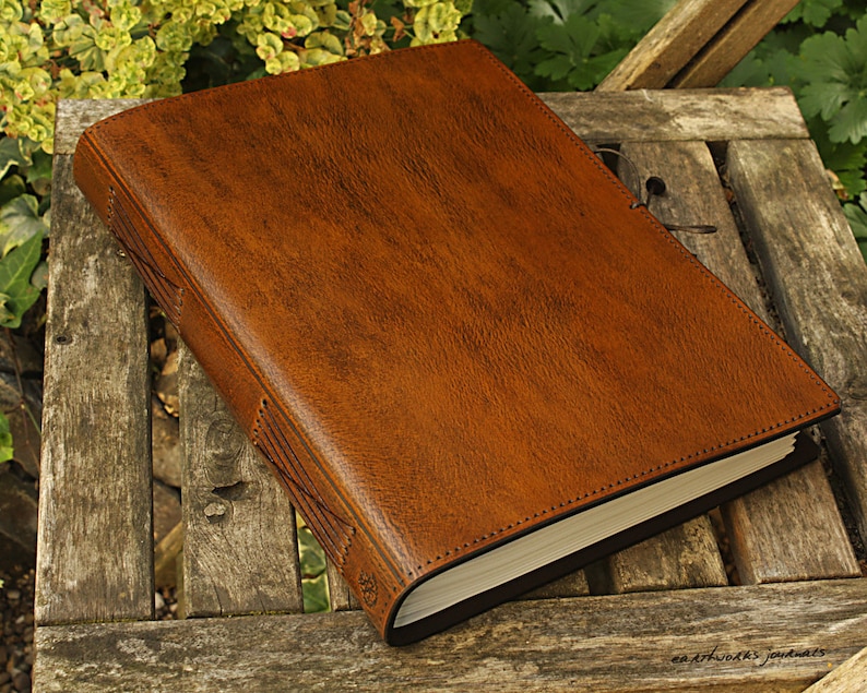 A4 Large Classic Brown Leather Bound Journal, Leather Notebook, Custom Guestbook, Personalised Family Memory Book, Memorial Book, Desk Diary image 1