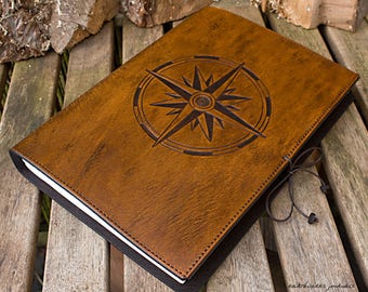 A4, Large, Leather Bound Journal, Compass Rose, Nautical Compass, Ships Log, Brown Leather, Leather Notebook, Travel Journal, Personalized.