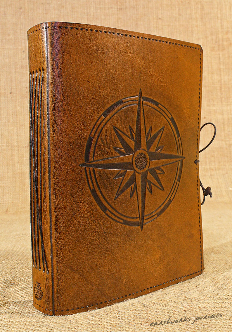 A5, Medium, Leather Bound Journal, Compass Rose, Travel Journal, Brown Leather, Ships Log, Leather Notebook, Nautical Gift, Personalized. image 3