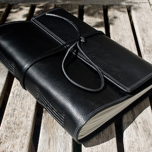 Large Hand Bound Journal in Black Leather, A4 Soft Wrap Notebook with Free Personalised Pen Loop.