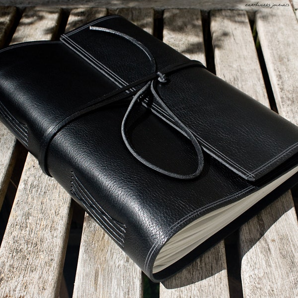 Large Hand Bound Journal in Black Leather, A4 Soft Wrap Notebook with Free Personalised Pen Loop.