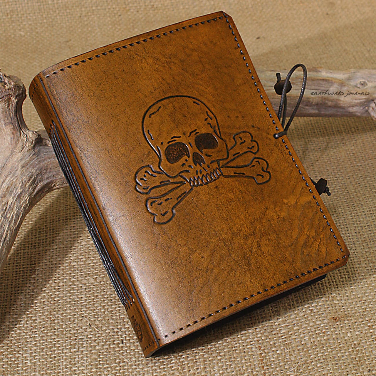 A6 Standard Size, Leather Bound Journal, Skull and Crossbones
