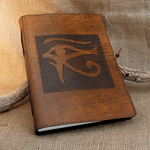 A4, Large, Leather Hand Bound Journal, Egyptian Eye of Horus, Brown Leather Notebook, Blank Grimoire, Leather Book of Shadows, Personalized.