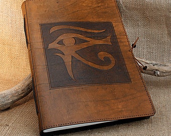 A4, Large, Leather Hand Bound Journal, Egyptian Eye of Horus, Brown Leather Notebook, Blank Grimoire, Leather Book of Shadows, Personalized.