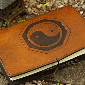 A5, Medium, Brown Leather Bound Journal, Tai Chi Journal, Yin Yang Taoist, Martial Arts Journal, Meditation Yoga Notebook, Personalized.