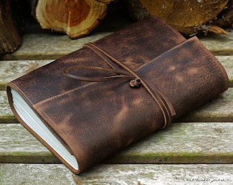 Personalised Leather Journal in Distressed Dark Brown, Leather Bound Travel Journal, Soft Wrap Notebook, A5 Size.