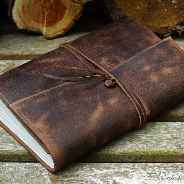 Personalised Leather Journal in Distressed Dark Brown, Leather Bound Travel Journal, Soft Wrap Notebook, A5 Size.
