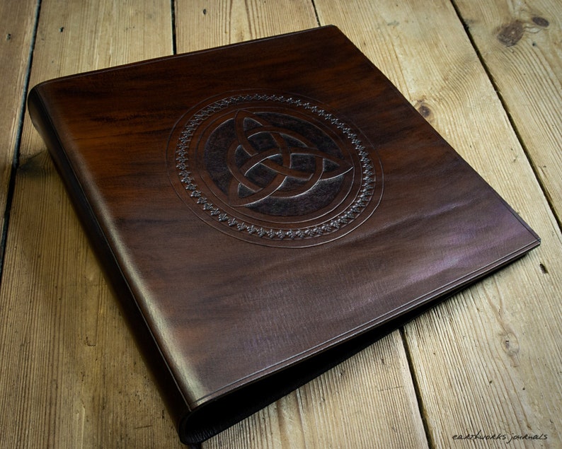 Leather 3 Ring Binder for 8.5 x 11 Inch Paper with Celtic Triquetra Trinity Knot Design Dark Brown image 1