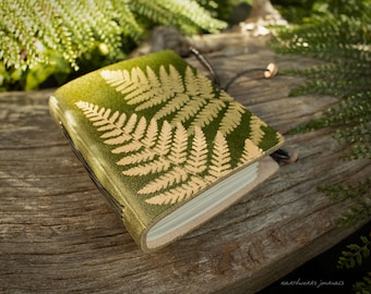 Mini Leather Journal with Fern Leaves Design in Green - A7 Notebook