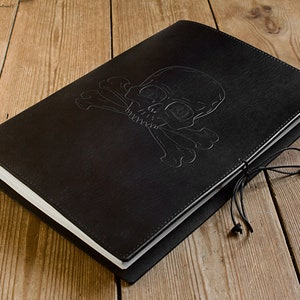 A4, Large, Leather Bound Journal, Skull and Cross Bones, Pirate Journal, Black Leather, Ships Log, Nautical Leather Notebook, Personalized. image 3