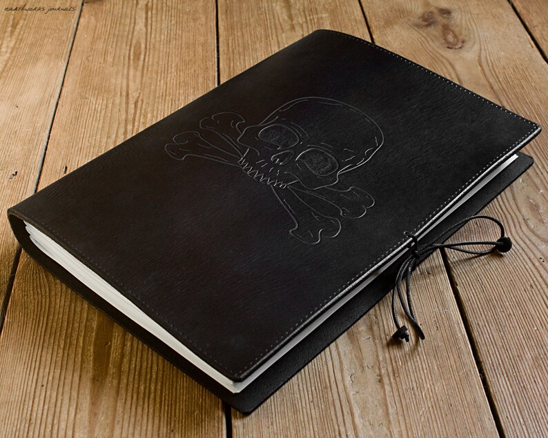 A4, Large, Leather Bound Journal, Skull and Cross Bones, Pirate Journal, Black Leather, Ships Log, Nautical Leather Notebook, Personalized. image 3