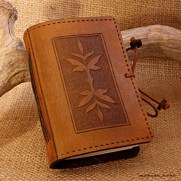A7 Pocket Sized Leather Bound Journal, Art Nouveau Leaf Journal, Brown Leather Notebook, Victorian Diary, Pocket Notebook, Personalised.