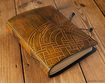 A5, Medium, Leather Bound Journal, Viking / Celtic Dragon Grimoire, Green / Brown Book of Shadows