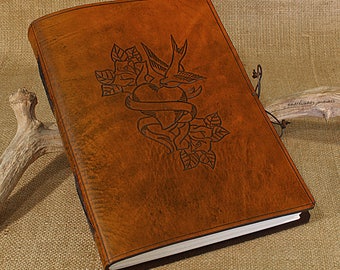 A4, Large, Leather Bound Journal, Swallow Heart Rose Tattoo, Brown Leather, Rustic Wedding Guestbook, Leather Notebook, Personalized Diary.