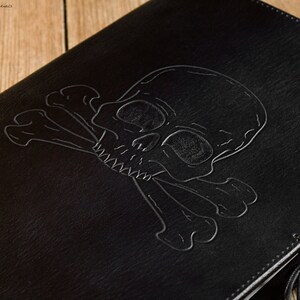 A4, Large, Leather Bound Journal, Skull and Cross Bones, Pirate Journal, Black Leather, Ships Log, Nautical Leather Notebook, Personalized. image 4