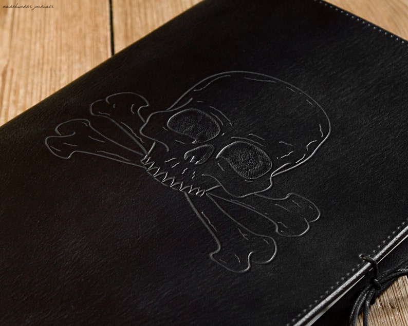 A4, Large, Leather Bound Journal, Skull and Cross Bones, Pirate Journal, Black Leather, Ships Log, Nautical Leather Notebook, Personalized. image 4