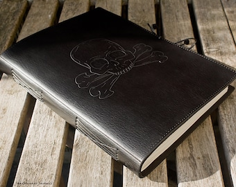 A4, Large, Leather Bound Journal, Skull and Cross Bones, Pirate Journal, Black Leather, Ships Log, Nautical Leather Notebook, Personalized.