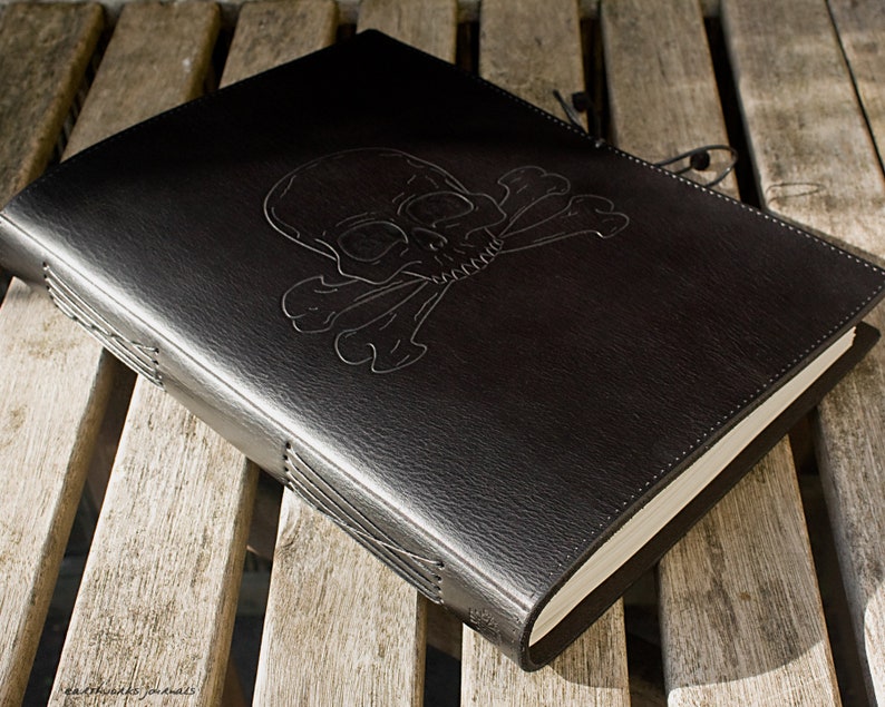 A4, Large, Leather Bound Journal, Skull and Cross Bones, Pirate Journal, Black Leather, Ships Log, Nautical Leather Notebook, Personalized. image 1