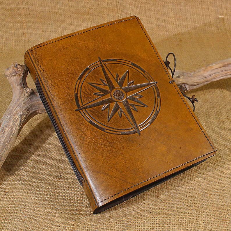 A5, Medium, Leather Bound Journal, Compass Rose, Travel Journal, Brown Leather, Ships Log, Leather Notebook, Nautical Gift, Personalized. image 2