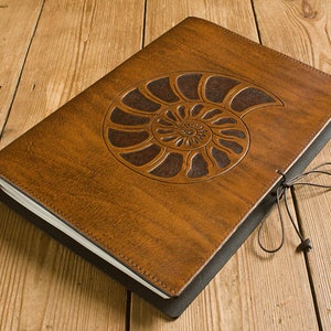 A4, Large, Leather Bound Journal, Ammonite, Sacred Geometry, Logarithmic Spiral, Brown Leather, Nature Book, Leather Diary, Personalized. image 2