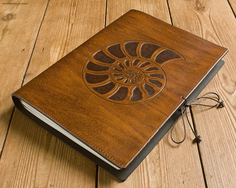 A4, Large, Leather Bound Journal, Ammonite, Sacred Geometry, Logarithmic Spiral, Brown Leather, Nature Book, Leather Diary, Personalized. image 2