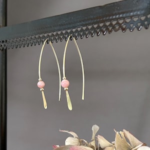 Gold Threader Earrings, Pink Opal and Gold Filled Wishbone Earrings, Thin Open Hoops, Medium Hammered Hoop Earrings