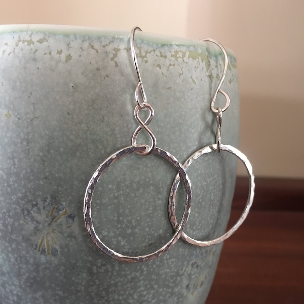 Sterling Silver Hoop Earrings Hammered Hand Forged Metal Jewelry, Medium Hoops, Hammered Hoop Earrings