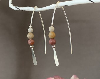 Jasper Stone Sterling Silver Threader Earrings: Earthy Elegance in Shades of Cream and Terra Cotta, Thin Open Silver Hoops