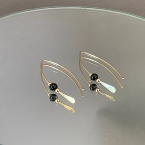 Gold Threader Earrings, 14k Gold Filled Wishbone Earrings, Black Glass Bead, Thin Open Hoops, Medium Hammered Hoop Earrings image 3