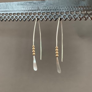 Silver and Gold Threader Earrings, Sterling Wishbone Earrings, Thin Open Hoops, Medium Hammered Hoop Earrings