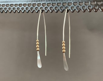 Silver and Gold Threader Earrings, Sterling Wishbone Earrings, Thin Open Hoops, Medium Hammered Hoop Earrings