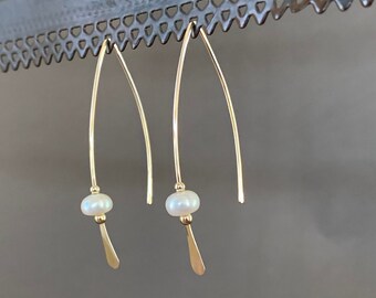 Gold Pearl Threader Earrings, Pearl and Gold Wishbone Earrings, Thin Open Hoops, Delicate Hoops with Freshwater Pearls