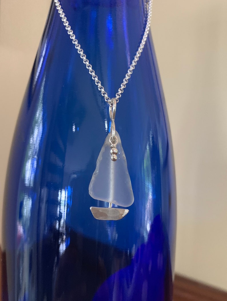 Sailboat Necklace White Sea Glass Sailing Pendant Beach Stone Jewelry Beach Glass Lake Ontario Nautical Boat