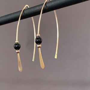 Gold Threader Earrings, 14k Gold Filled Wishbone Earrings, Black Glass Bead, Thin Open Hoops, Medium Hammered Hoop Earrings image 7