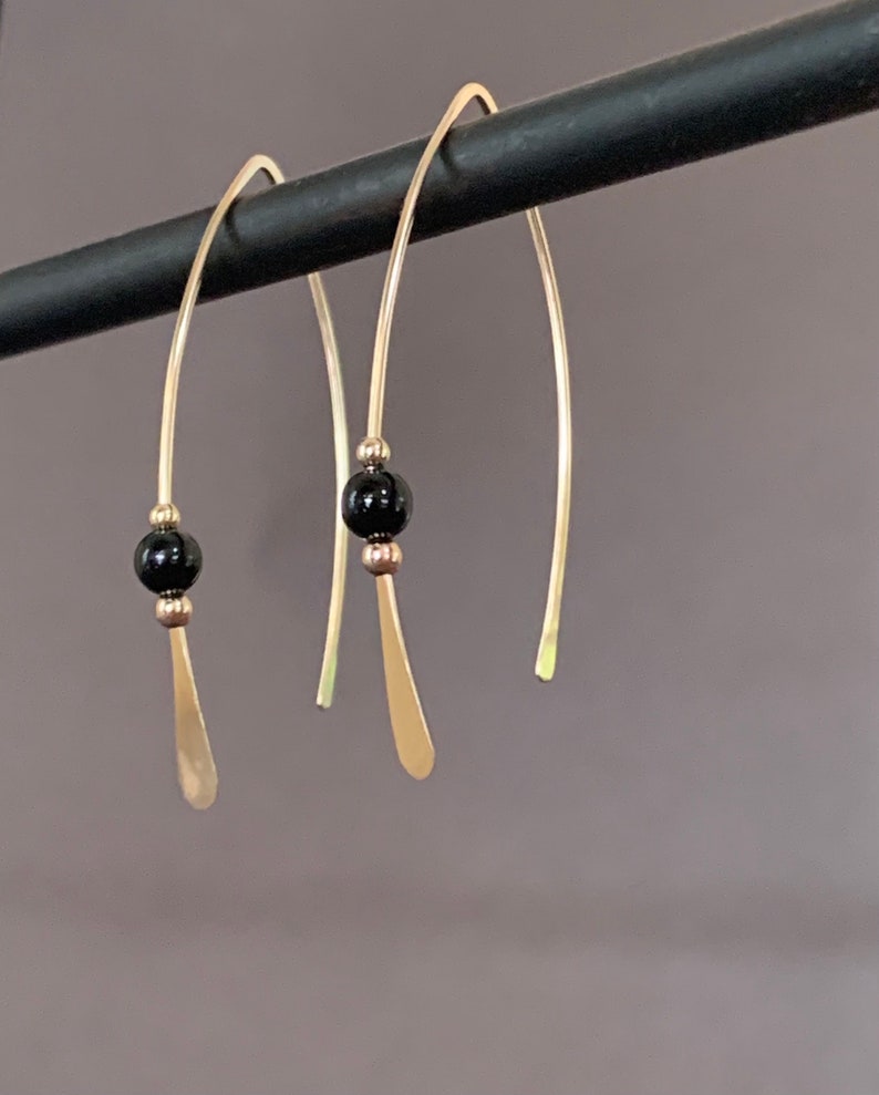 Gold Threader Earrings, 14k Gold Filled Wishbone Earrings, Black Glass Bead, Thin Open Hoops, Medium Hammered Hoop Earrings image 7