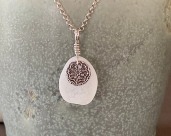 Mediterranean Serenity: Soft White Beach Glass Necklace from Barcelona Beach with Sterling Silver Mandala Charm