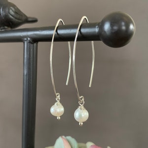 Silver Threader Earrings, Pearl Sterling Wishbone Earrings, Thin Open Hoops, Delicate Hoops with Freshwater Pearls