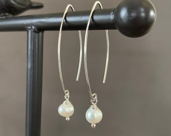 Silver Threader Earrings, Pearl Sterling Wishbone Earrings, Thin Open Hoops, Delicate Hoops with Freshwater Pearls