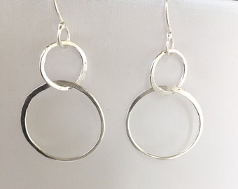 Double Hoop Earrings, Sterling Silver Hammered Jewelry, Hand Forged