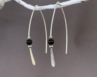 Threader Earrings, Sterling Wishbone Earrings, Black Glass Bead, Thin Open Hoops, Medium Hammered Hoop Earrings