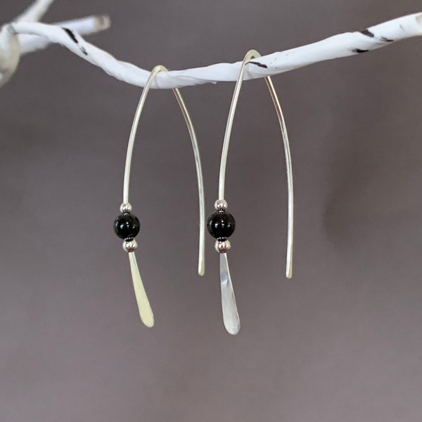 Threader Earrings, Sterling Wishbone Earrings, Black Glass Bead, Thin Open Hoops, Medium Hammered Hoop Earrings