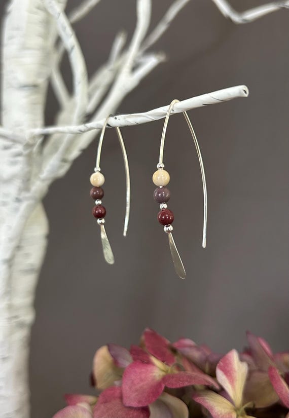Sterling Silver Wishbone Threader Earrings, Rich Blend of Burgundy, Creamy Taupe and Plum Mookaite, Trio for Inner Strength. Hoop Earrings