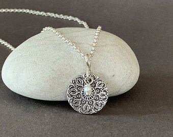 Small Silver Mandala and Pearl Necklace, Sterling Pendant with Fresh Water Pearl Stone, Bridesmaid Jewelry