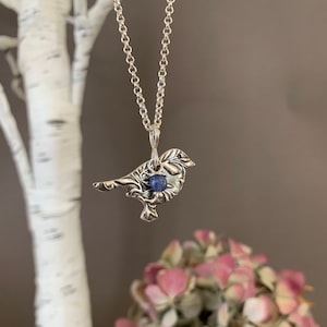 Sterling Bird Charm Pendant, Hand Stamped Patterned Pendant, Blue Sodalite Stone, Bridesmaid Jewelry
