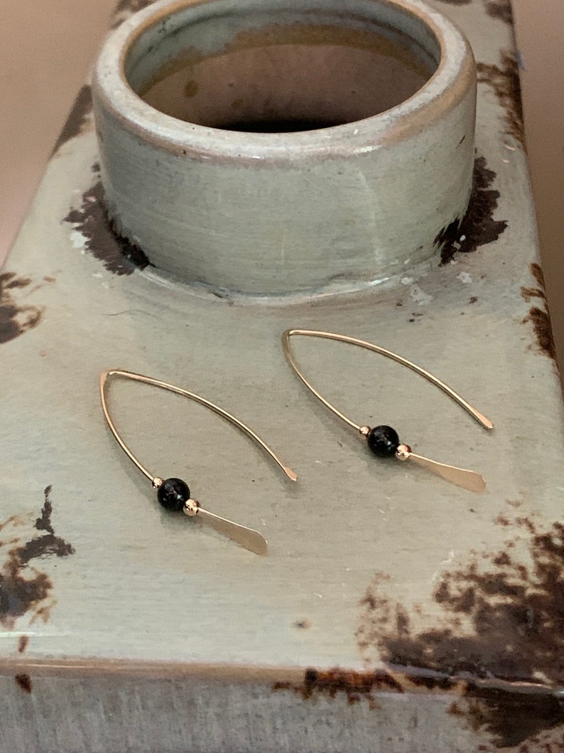 Gold Threader Earrings, 14k Gold Filled Wishbone Earrings, Black Glass Bead, Thin Open Hoops, Medium Hammered Hoop Earrings image 5